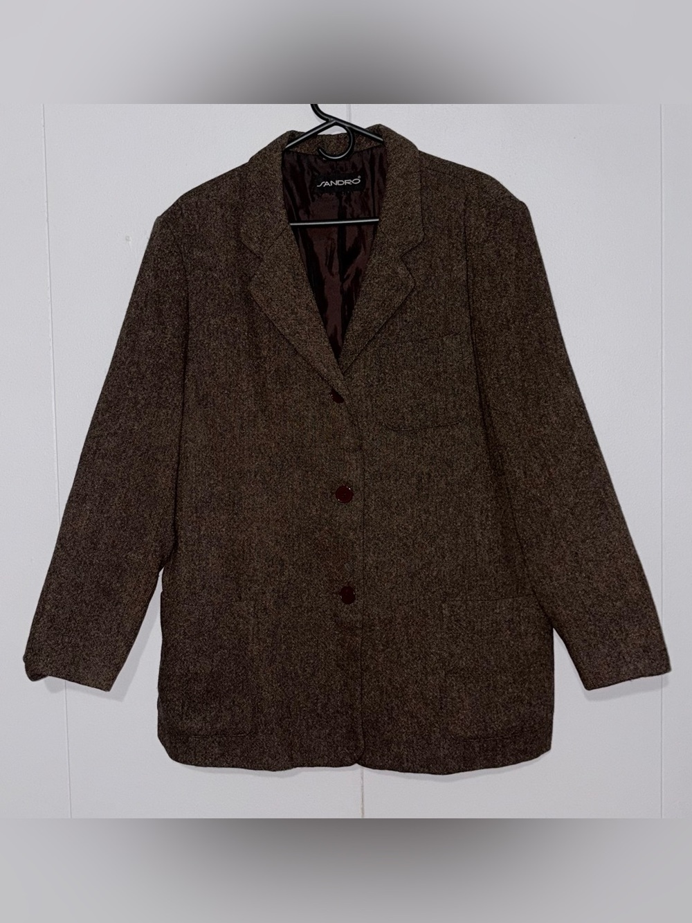 Sandro Womens 18W Brown Tweed 100% Wool Blazer Jacket Plus Size Quiet Luxury